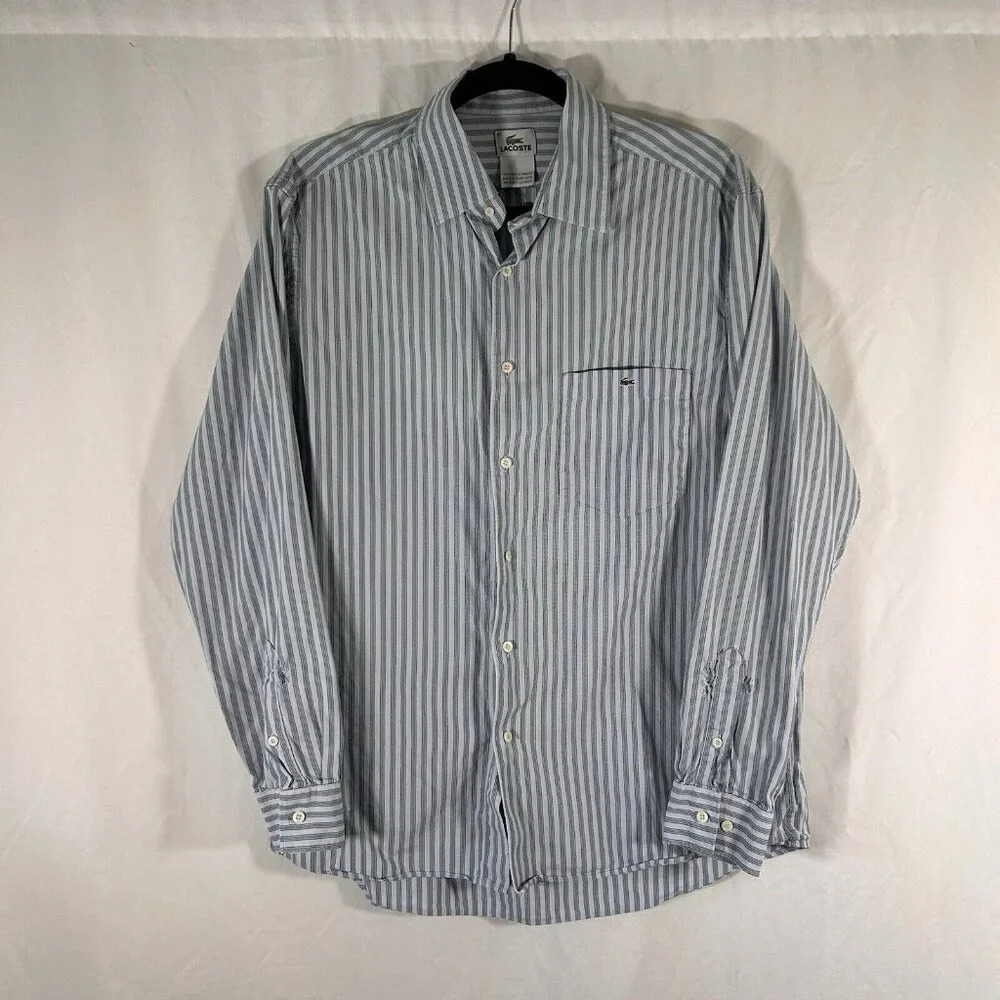 Lacoste Dress Shirt Men's 42 Blue Green Striped Button Up Long Sleeve Holes